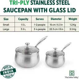 the indus valley Triply Stainless Steel Sauce/Milk Pan with Glass Lid - 8 inch Sauce Pan 20.3 cm diameter with Lid 3.5 L capacity image 4