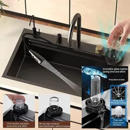 happy homes Kitchen Sink ANTI SCRATCH HONEYCOMB DESIGN Waterfall and Pull-down Faucet SS 304 HEAVY -30x18 Water Vessel Sink-picture-18
