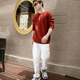 campus sutra Men Self Design Round Neck Brown Sweater image 5