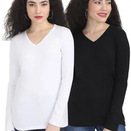 Pack of 2 Women Solid V Neck Pure Cotton White, Black T-Shirt-image-92