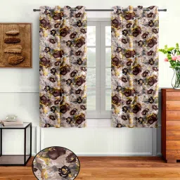cortina Brown Polyester Floral 5ft Semisheer Eyelet 2 Pc Window Curtains image 1