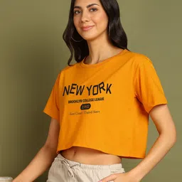 global nomad Women Printed Round Neck Pure Cotton Yellow T-Shirt image 2