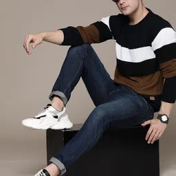 roadster Men Striped Round Neck Blue Sweater image 4