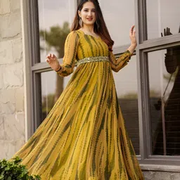 krunal raiyani Women Fit and Flare Yellow Maxi/Full Length Dress image 3