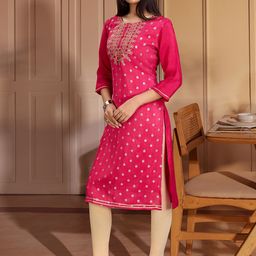 House of Pataudi Floral Embroidered Thread Work Silk Straight Kurta-picture-8
