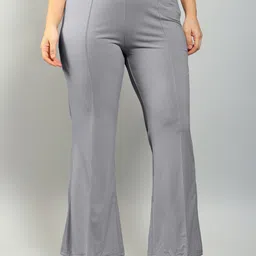 plus size Women Regular Fit Grey Cotton Blend Trousers-picture-12