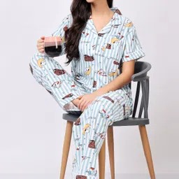 lugo Women Night Suit Set Blue Printed image 2