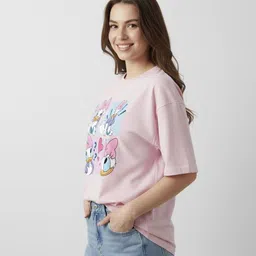 jhajii Women Printed Round Neck Cotton Blend Pink T-Shirt image 3