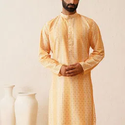 SOJANYA Ethnic Motifs Printed Band Collar Cotton Silk Kurta With Pyjamas image 3