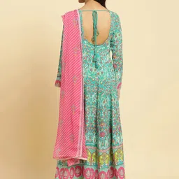 W Green Floral Printed Anarkali Thread Work Kurta With Leggings And Dupatta image 5