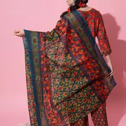 VAANI CREATION Women Red Floral Embroidered Pure Cotton Kurta with Trousers & With Dupatta image 4