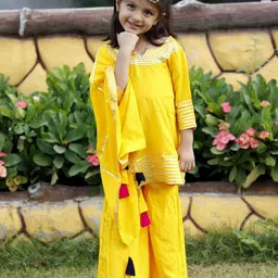 BAESD Girls Embroidered Notched- Neck Regular Gotta Patti Kurti with Pyjamas &  Dupatta image 4