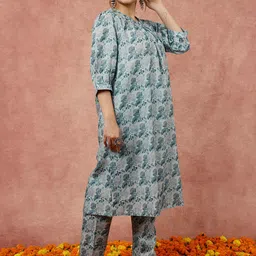 Jaipur Kurti Floral Printed Puff Sleeves A-Line Kurta with Trouser image 5