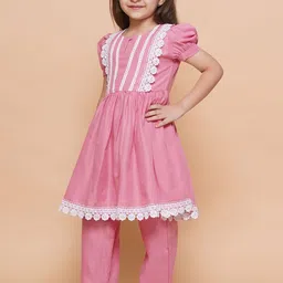 Modish Couture Girls Yoke Design Regular Thread Work A-Line Kurta with Trousers image 3