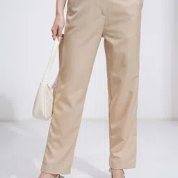 tokyo talkies Women Slim Fit Beige Cotton Blend Trousers-picture-22