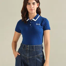u.s. polo assn. Women Solid Polo Neck Cotton Blend Blue T-Shirt image 1