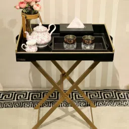 CasaGold Black Foldable Leather Butler Tray Table & Serving Tray & Tissue Box with Metal Stand image 1