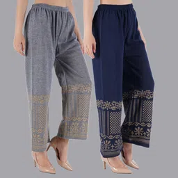 Pack of 2 Women Relaxed Grey, Blue Wool Trousers-image-8