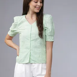 tokyo talkies Casual Regular Sleeves Solid Women Green Top-picture-32