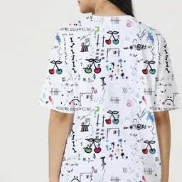 rg creation Women Abstract, Printed Round Neck Reversible Linen Blend White, Green T-Shirt image 2