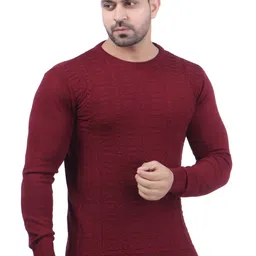 feverfew Men Self Design Round Neck Maroon Sweater-picture-10