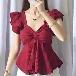 Casual Ruffled Sleeves Solid Women Maroon Top-image-5