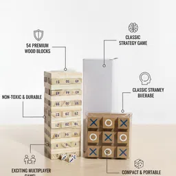 zeora Wooden Jenga (54 Pcs) with Dice & Tic Tac Toe Combo | Family Fun Board Game image 4