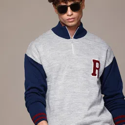 Men Colorblock Mandarin Neck Grey Sweater-image-10