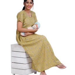 menmaii Zipless One Piece Maternity & Feeding Dress/Gown/Nighty| 100% Cotton with a Side Pocket | Calf/Full Length/for Pregnancy & Nursing- (L to 4XL) image 2