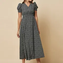 RAASSIO Abstract Print Puff Sleeves Crepe Fit & Flare Midi Dress image 5