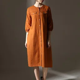 Dora Dori Rust Round Neck Puff Sleeves Thread Work Cotton Linen A-Line Midi Dress image 5