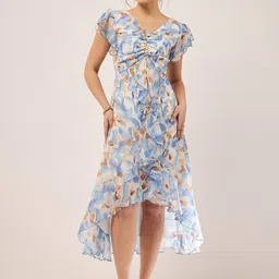 Antheaa Blue Floral Printed Puff Sleeves Gathered Ruffles Chiffon Fit & Flare Midi Dress image 5