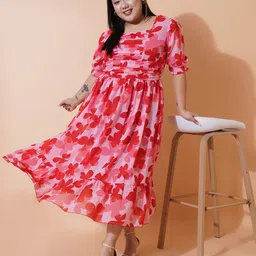 U&F Beyond Plus Size Floral Printed Square Neck Puff Sleeve Georgette Fit & Flare Dress image 5