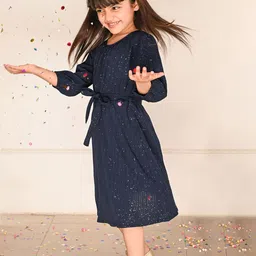 LilPicks Girls Self Design Tie-Up A-Line Midi Dress-image-1