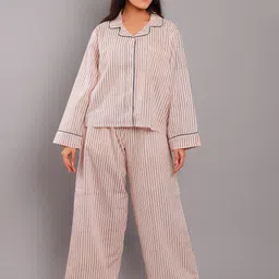 ETC Pink Striped Lapel Collar Pure Cotton Night Suit image 5