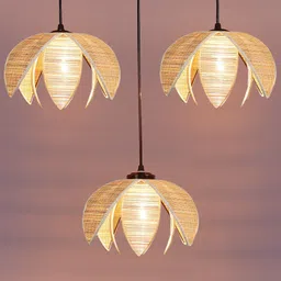 Devansh Beige & Black Textured Cluster 3 Floral Shaped Hanging Lamps With Bamboo Shades image 3