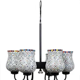 Devansh White & Red Mosaic Design Glass 6 Shades Chandelier image 4