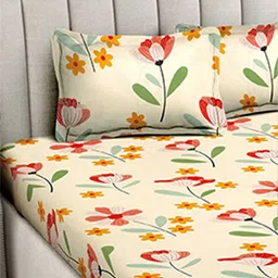 FABINALIV Cream-Coloured & White Floral 300 TC Fitted King Bedsheet with 2 Pillow Covers image 4