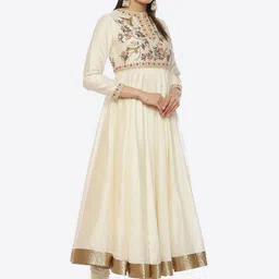 Biba by Rohit Bal Women Off White Floral Chanderi Silk Kurta with Churidar & With Dupatta by Rohit Bal image 2