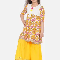 Little Bansi Girls Yellow & Pink Floral Print Kurti with Sharara & Dupatta image 3