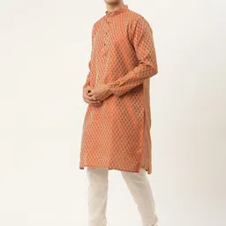 SOJANYA Men Orange Ethnic Motifs Jacquard Silk Kurta with Churidar & Nehru Jacket image 4