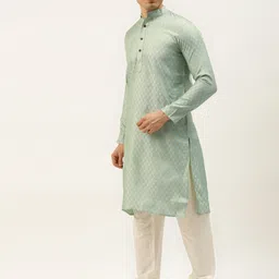 SOJANYA Men Green & Off-White Ethnic Motifs Kurta with Churidar & Nehru Jacket image 4