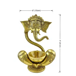 Two Moustaches Gold-Toned Ganesha With Diya on Lap Brass Showpiece image 5