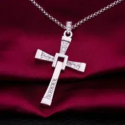 relevationcart Stylish Silver-Plated Cross Pendant with Chain for Men & Women Brass Alloy Locket image 3