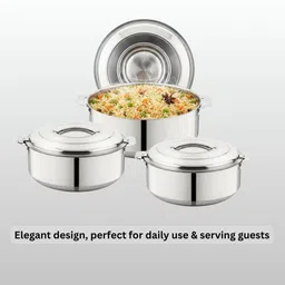 tsumab 3 Pc Steel Casserole Set (1000,1500,2500ml) Insulated Hotpot – Silver Pack of 3 Cook and Serve Casserole image 5