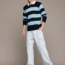 roadster Men Striped Collared Neck Blue Sweater image 4