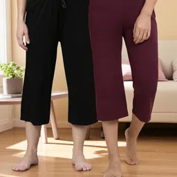 kryptic Women Pack of 2 Capri Pure Cotton Solid Relaxed Fit with Adjustable Waist. Women Black, Maroon Capri-picture-30