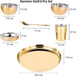 yuiop Pack of 6 Gold Plated Royal Hammer Gold Dinner Set With 1 Thali, 1 Dish, 2 Bowls, 1 Spoon & 1 Glass Dinner Set image 2