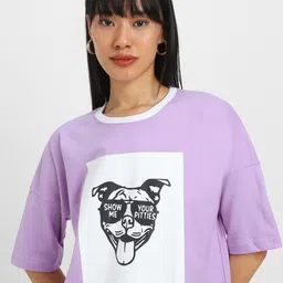 juneberry Oversized Women Printed, Typography Round Neck Pure Cotton Purple T-Shirt image 2