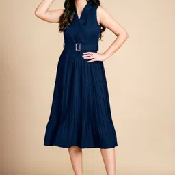 glomee Women Fit and Flare Dark Blue Midi/Calf Length Dress image 5